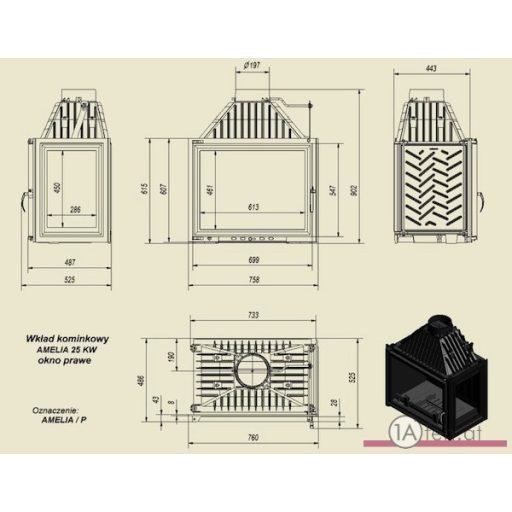 Kratki amelia kamineinsatz  mit rechte seitenscheibe  / 21 kw 