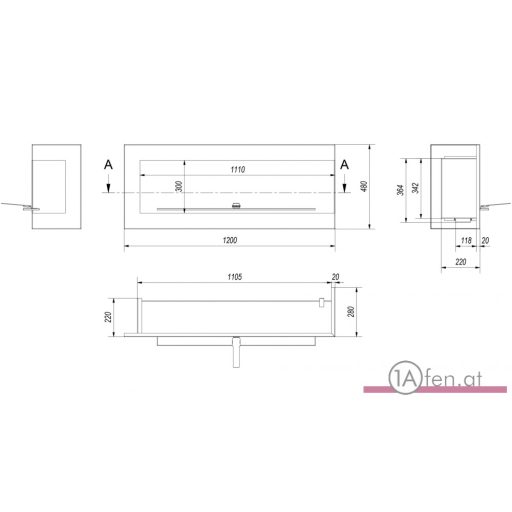 Deco ofen delta 1200 rechts / wand eck bioethanolkamin schwarz