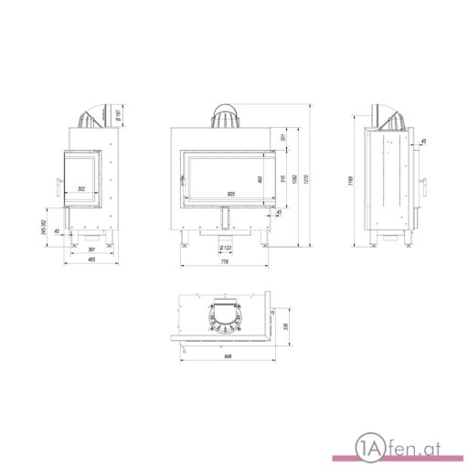 Kratki lucy 14  kamineinsatz mit rechte eckscheibe/ 14kw - schwarzer Innenraum.